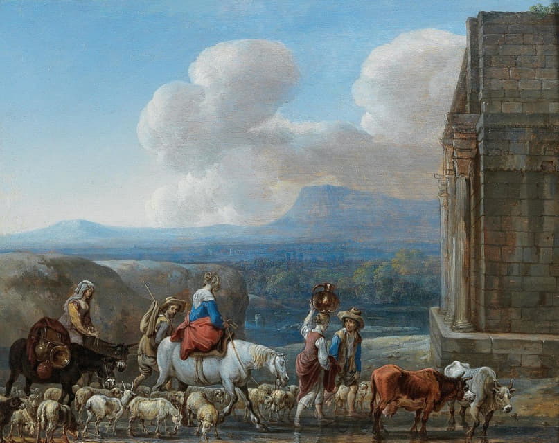 Jan van den Hecke - Shepherds and travellers by a triumphal arch in the Roman Campagna