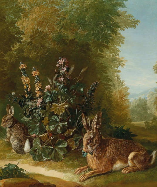 Jean Jacques Spoede - Two hares in a landscape