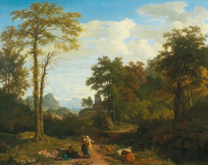 Johannes Glauber - A southern landscape with travellers in front of a fortified town