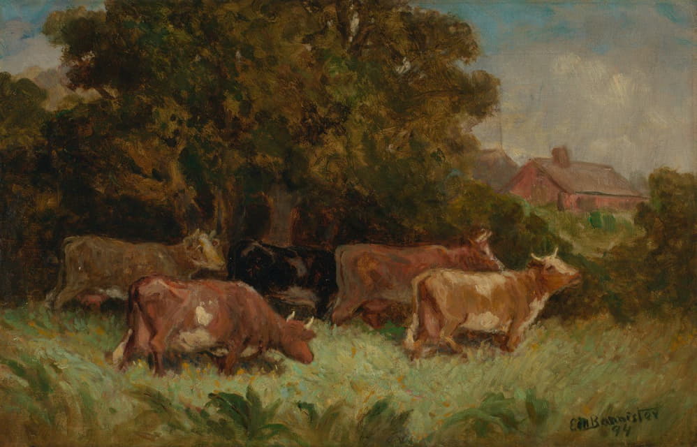 Edward Mitchell Bannister - Untitled (five cows in pasture, rooftop in background)