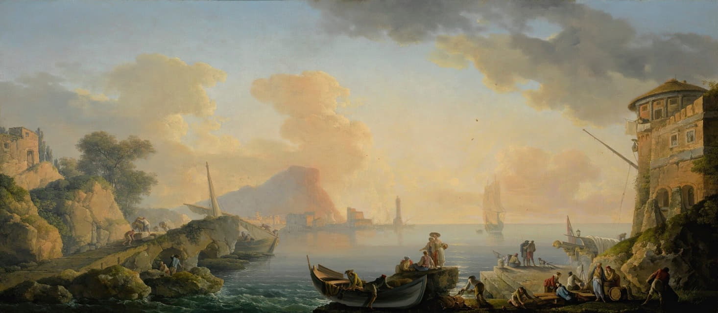黎明时港口的景色，前景是港口沿线的渔民