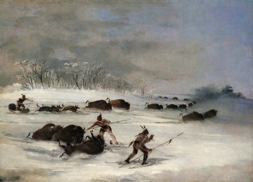 George Catlin - Sioux Indians On Snowshoes Lancing Buffalo