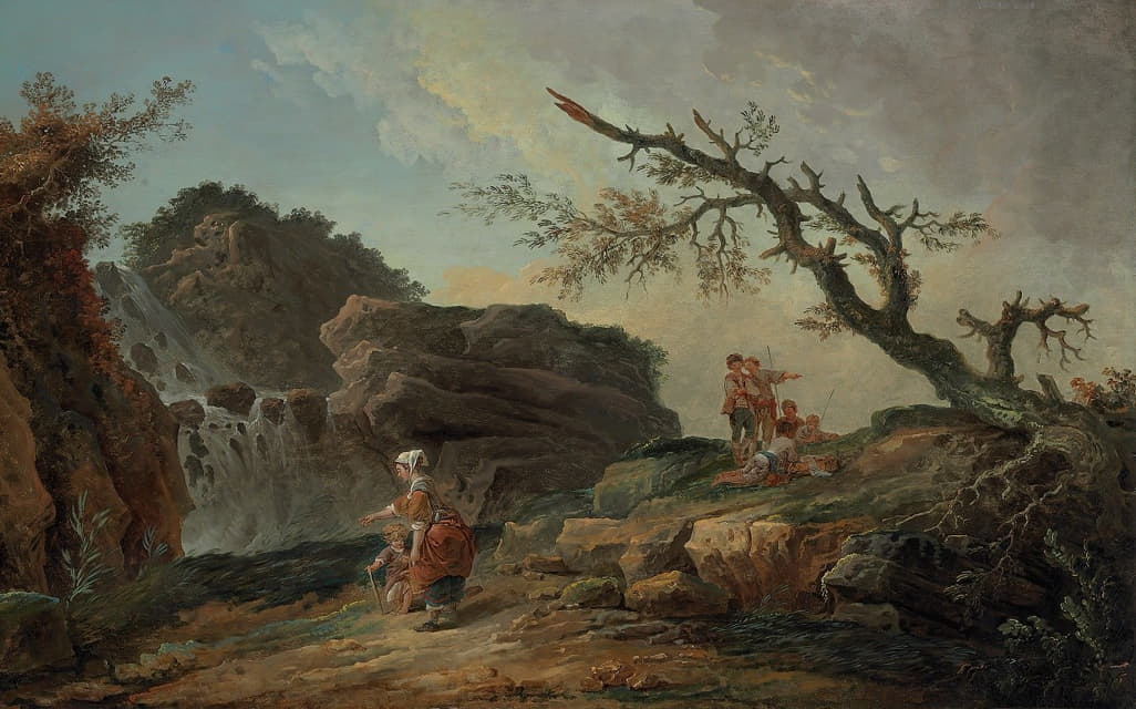 Hubert Robert - La Cascade; A Rocky Hillside With A Peasant Woman And Child Near A Waterfall And Boys Resting By A Blasted Tree