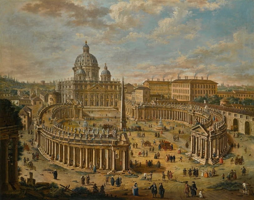 罗马，圣彼得广场全景，远处的大教堂