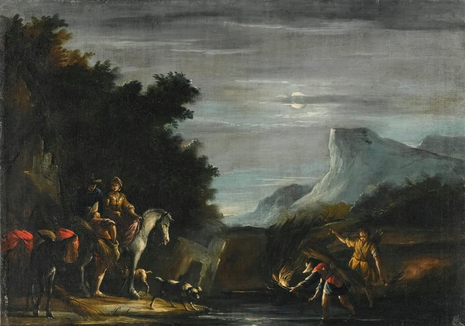 在月光下，旅行者穿过小溪的场景