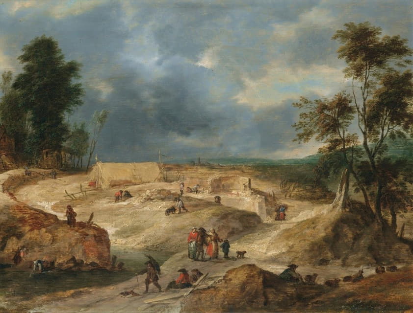 Flemish School - A Landscape With Peasants Building A Village