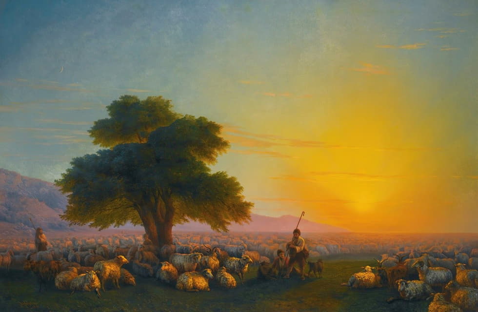 日落时牧羊人和羊群