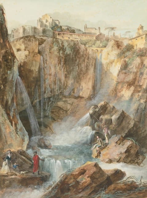 渔民和游客在Tivoli观赏瀑布