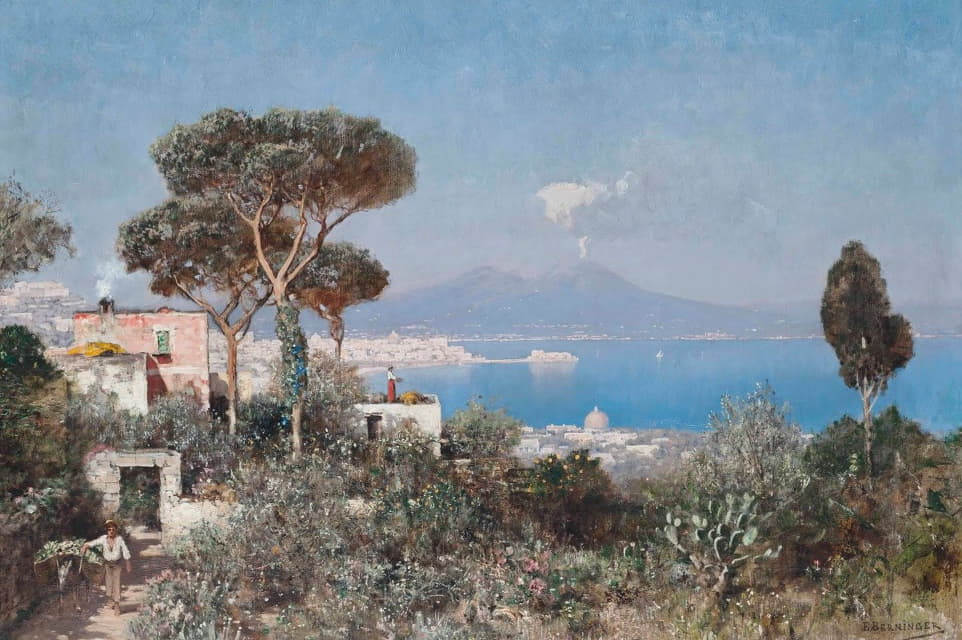 Edmund Berninger - A boy and a donkey on the way to market above the Bay of Naples