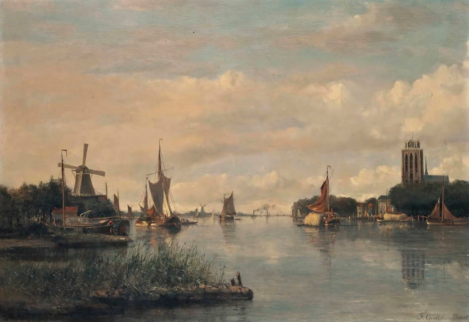 Francois Carlebur - Vessels on the Oude Maas before the Grote kerk, Dordrecht