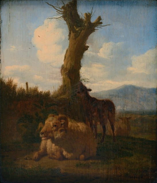 意大利人用一只公羊、其他绵羊和一棵枯树来描绘风景