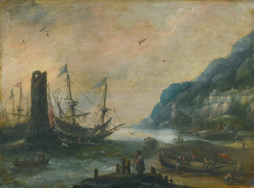Andries van Eertvelt - A mediterranean coastal scene with a tower, ships, and figures on the shore