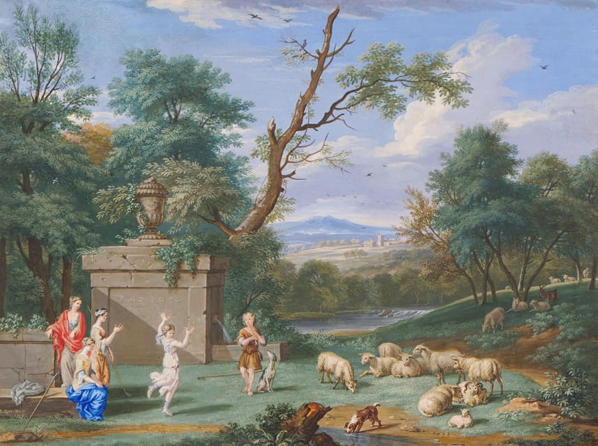 Bernard Lens III - Classical Landscape with Shepherds and Shepherdess