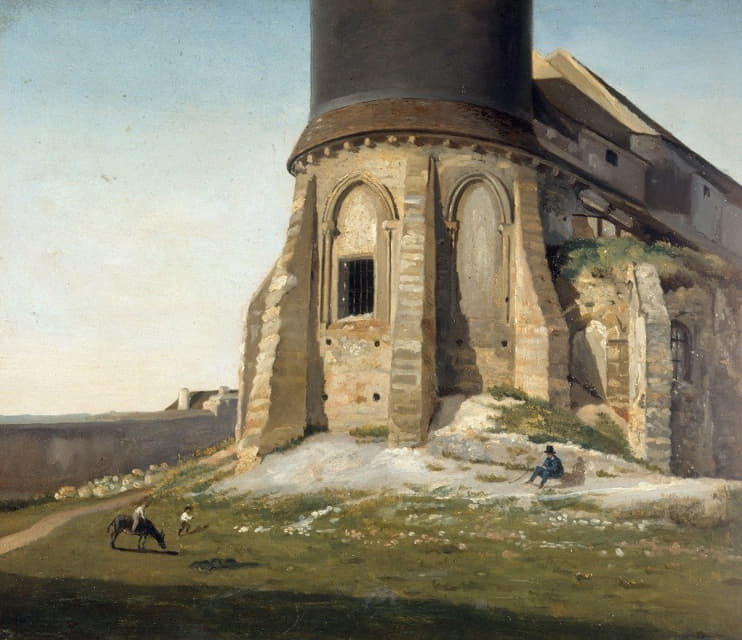 Etienne Bouhot - L’église de Montmartre, avec la tour du télégraphe Chappe.