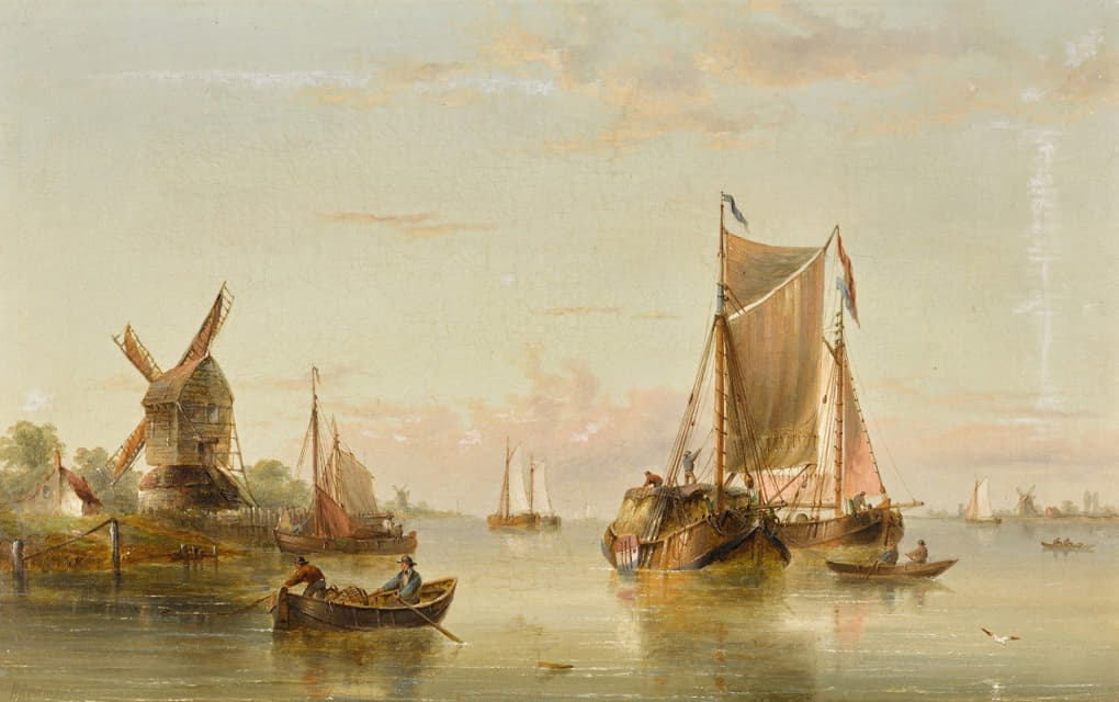 Henry Redmore - Estuary Scene with Coastal Vessels