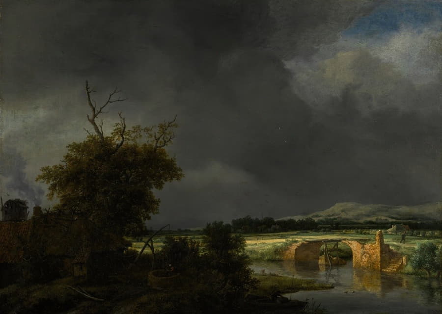 Jacob van Ruisdael - Landscape with a cottage and stone bridge under a cloudy sky