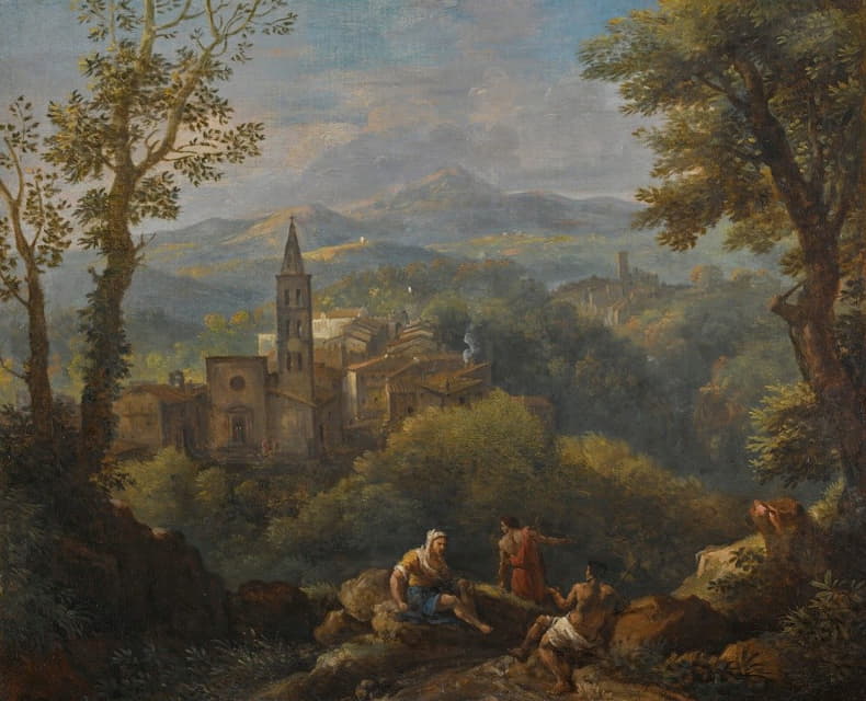 意大利式景观，前景为三个人物，山顶村庄和远处的教堂
