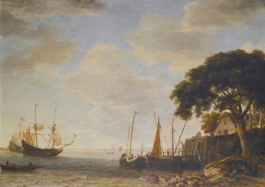 海岸风景，一艘荷兰卡格船拴在码头上，一名战士在远处起锚