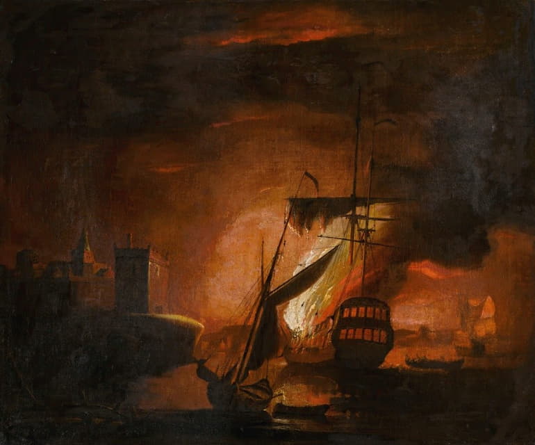 Peter Monamy - A ship on fire at night