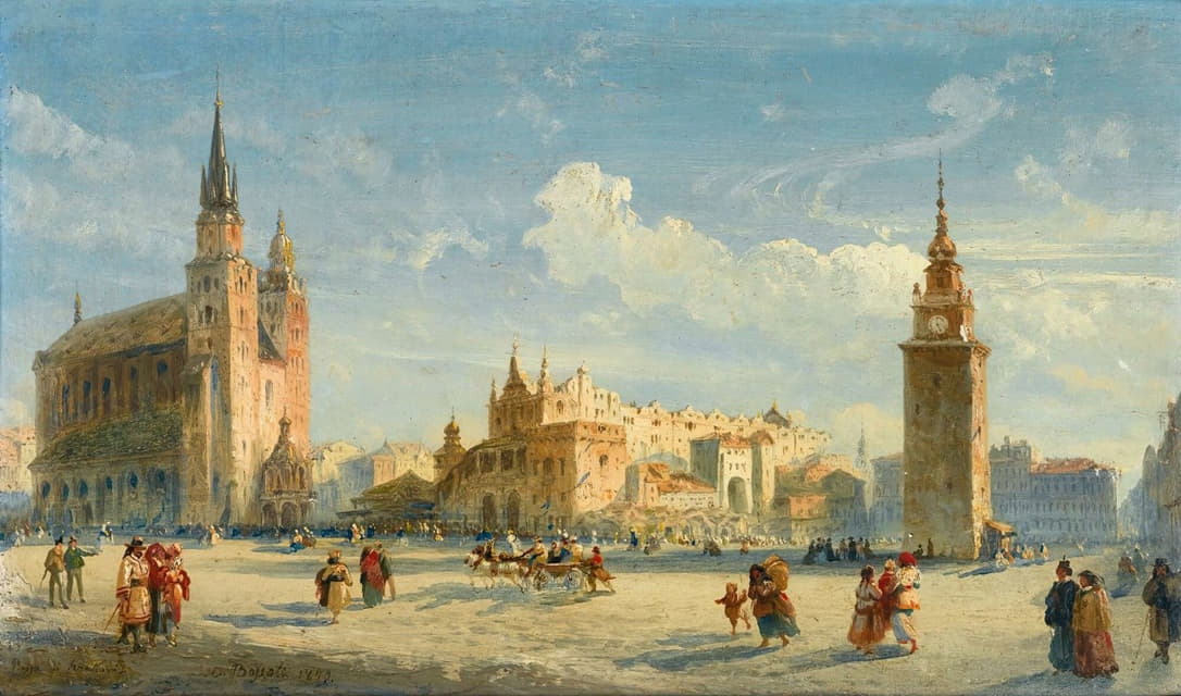 Carlo Bossoli - Mariacki square with the cloth hall, Cracow