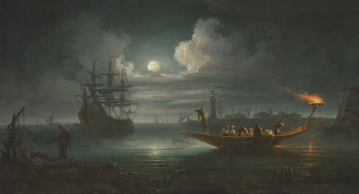 月光下的地中海港口，渔民们正在拉运渔获，远处是一艘满载帆船的帆船和其他船只