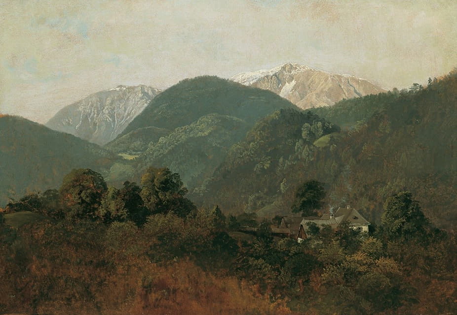 从Scheuchenstein到背景为Schneeberg的Gauermannhof的视图