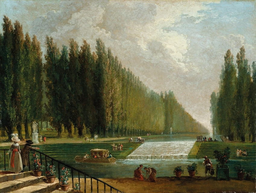 Hubert Robert - The park of a country villa with figures promenading near a cascade of water