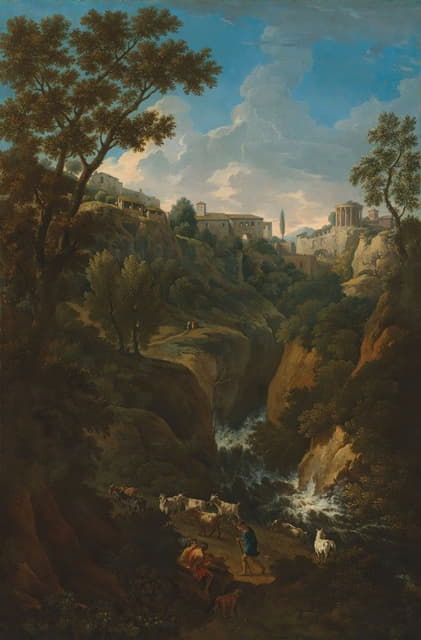 Jan Frans Van Bloemen - A capriccio of Tivoli with a waterfall and shepherds