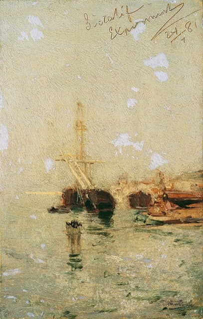 August von Pettenkofen - Studie aus Venedig mit Schiff