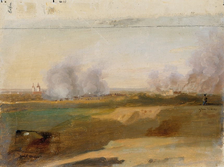 Johann Peter Krafft - Landschaftsstudie mit brennenden Dörfern im Hintergrund