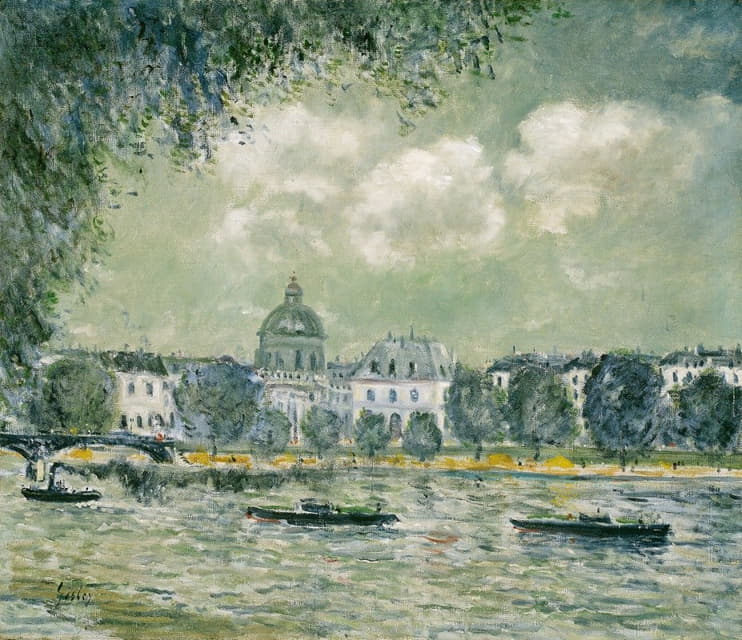 塞纳河沿岸的景观，包括法兰西学院和艺术桥