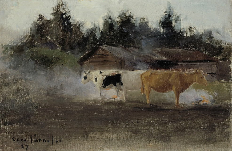 草皮烟雾中的奶牛，习作