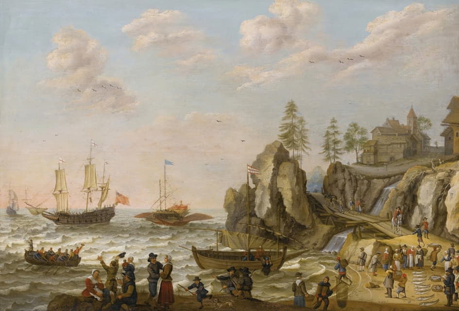 Isaac Willaerts - A Coastal Landscape With A Galley, An English Galley Frigate, And A Rowing Boat In Choppy Waters