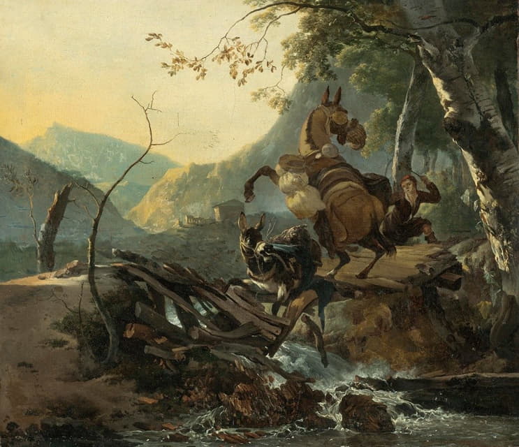 一头驴子和一匹驯养的马穿过一座坍塌的桥，这是意大利式的风景