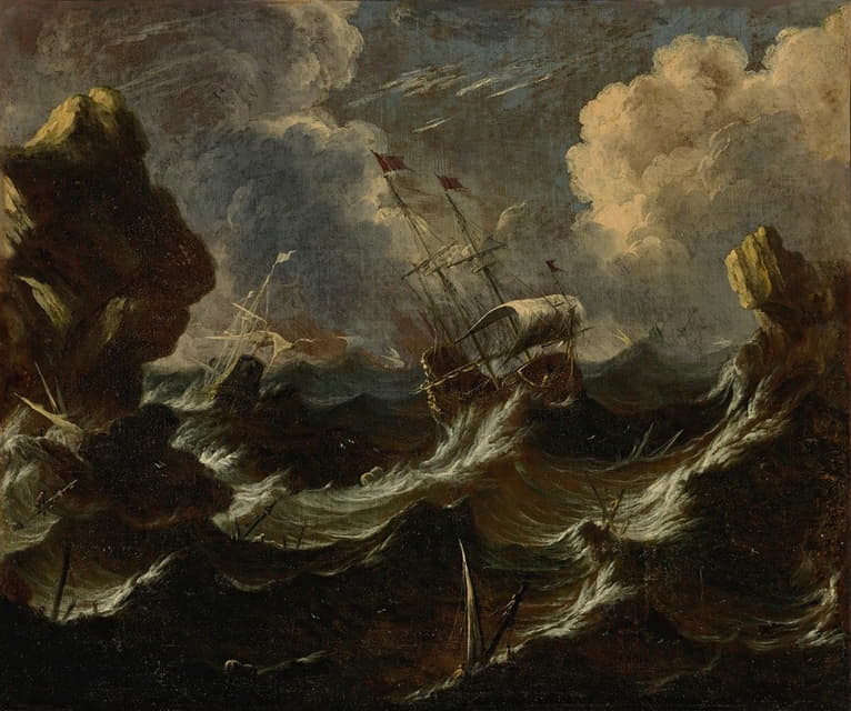 风暴中的护卫舰驶离岩石海岸