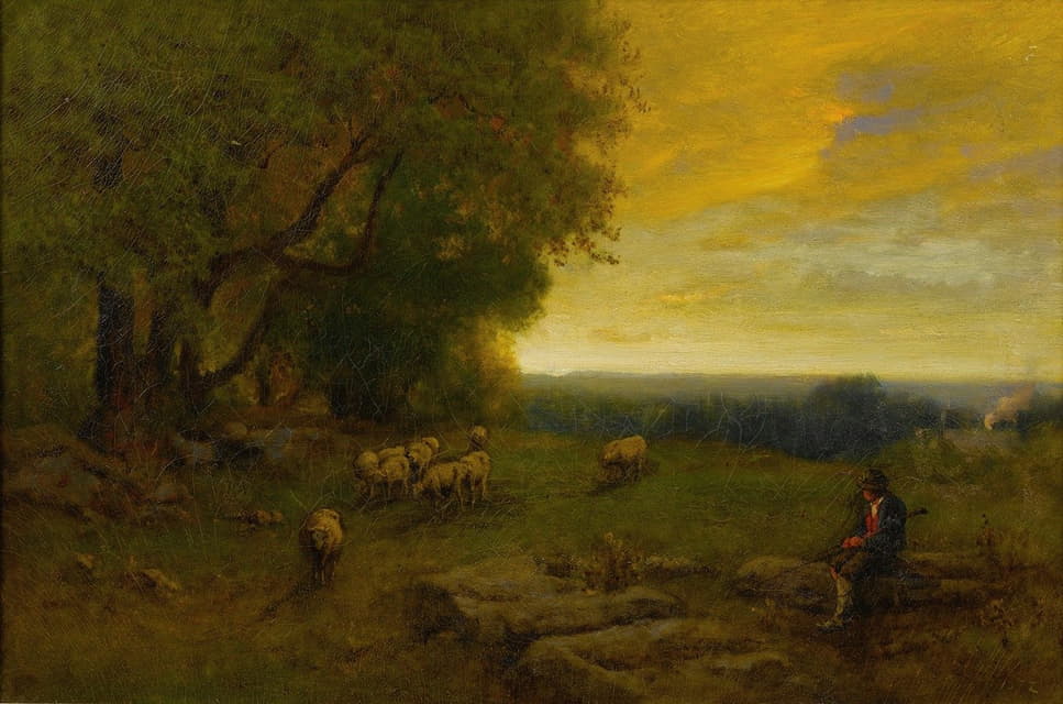日落时的牧羊人和羊群