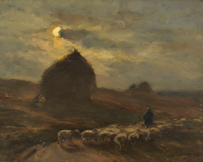 Jean Ferdinand Chaigneau - Flock of sheep and shepherd by moonlight