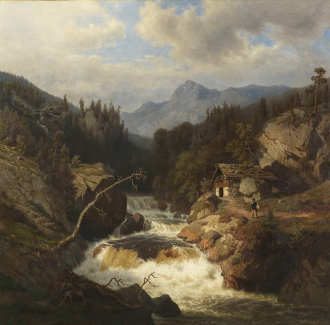 山景与猎人在咆哮的河流