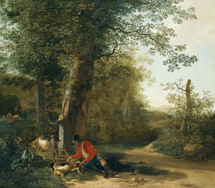 一个农民在树林边休息时和他的狗玩耍