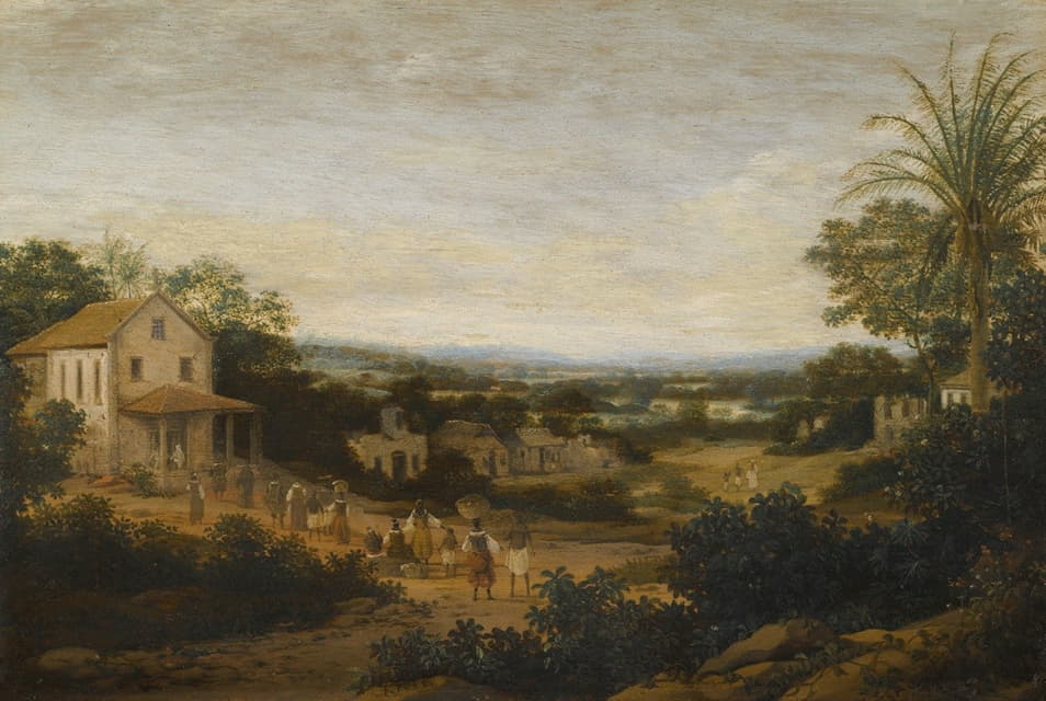 Frans Post - A Landscape In Brazil Looking Down On The Varzea, Europeans And Natives Approaching A Church In The Foreground