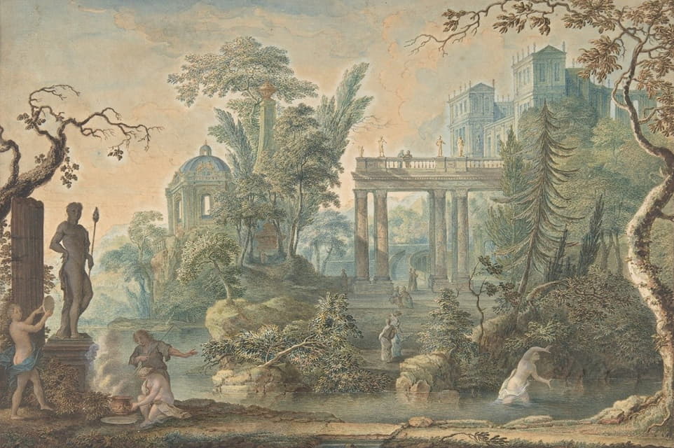 Gerard Melder - Arcadian Landscape with several Figures and a Statue of Apollo
