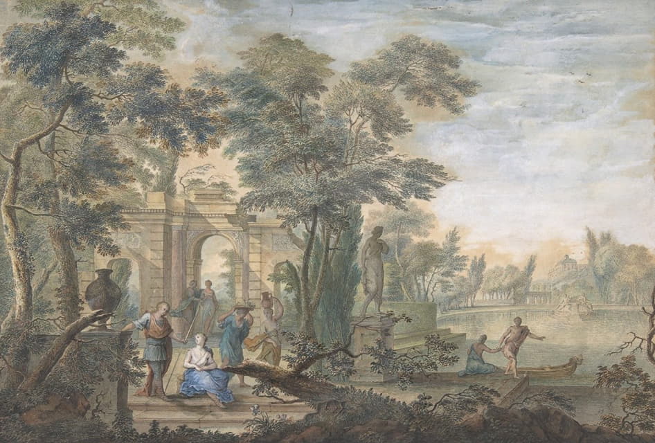 Gerard Melder - Arcadian Landscape with several Figures and a Statue of Diana