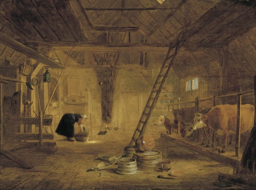 Govert Dircksz Camphuysen - A Barn Interior With Four Cows, A Milk Maid Cleaning A Pot, And Earthenware Pots In The Foreground