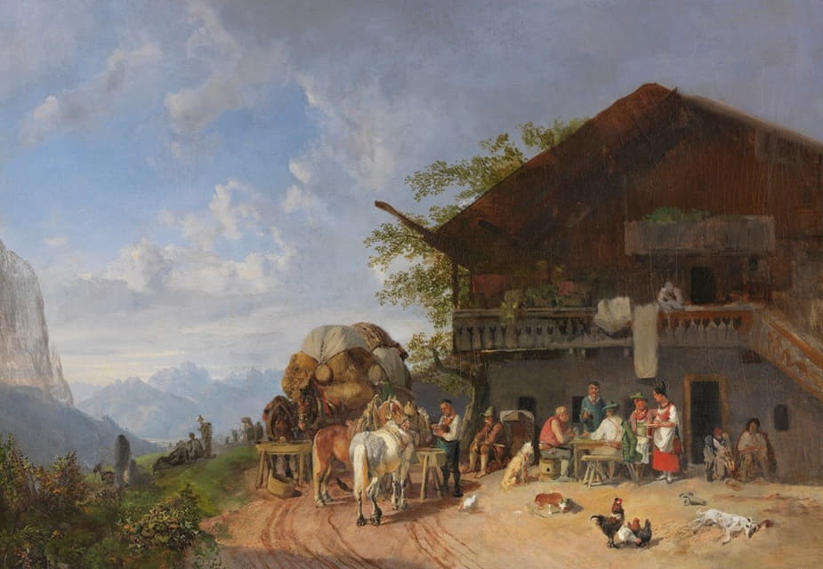 Heinrich Bürkel - Rast vor einem Gasthof in den Bergen