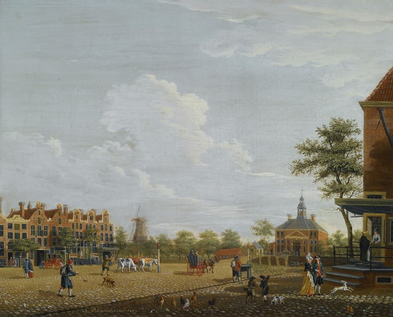 阿姆斯特丹，Weesperplein和Weesperport的视图，背景是防御工事Weesp上的玉米磨坊“het Fortuyn”