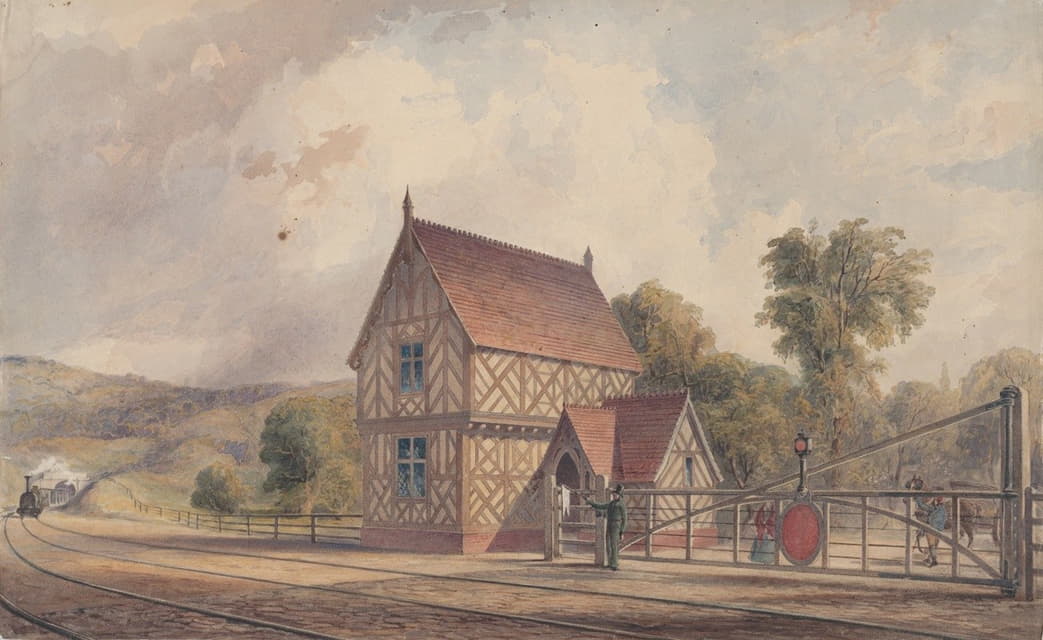 John Connell Ogle - Tudor Style Rural Train Station and Railroad Crossing
