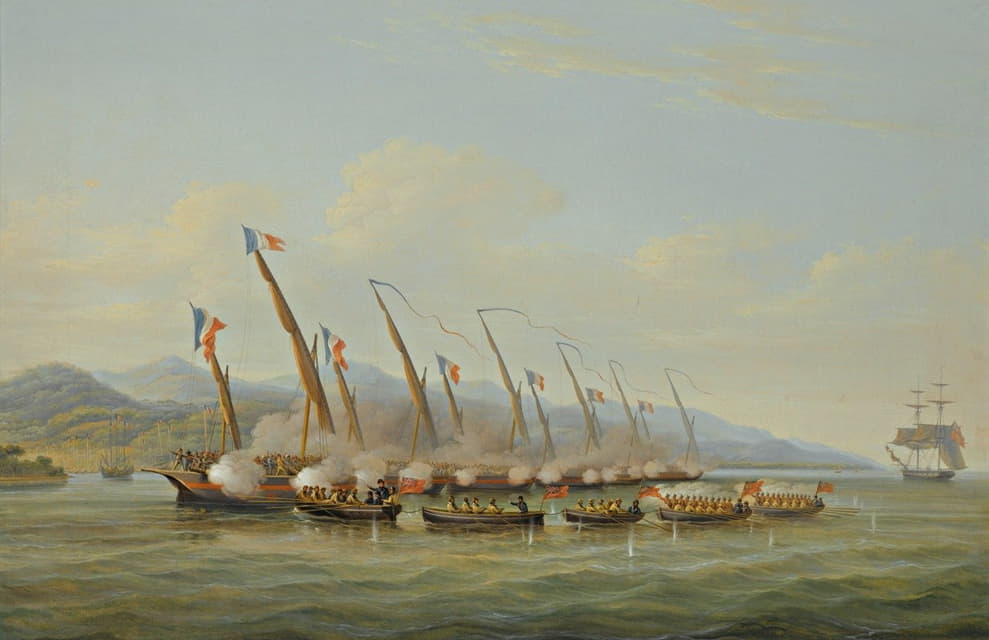 William John Huggins - The Boats Of H.M.S Sloop Procris (10 Guns) Engaging French Gunboats Off The Mouth Of The Indramayo, Java