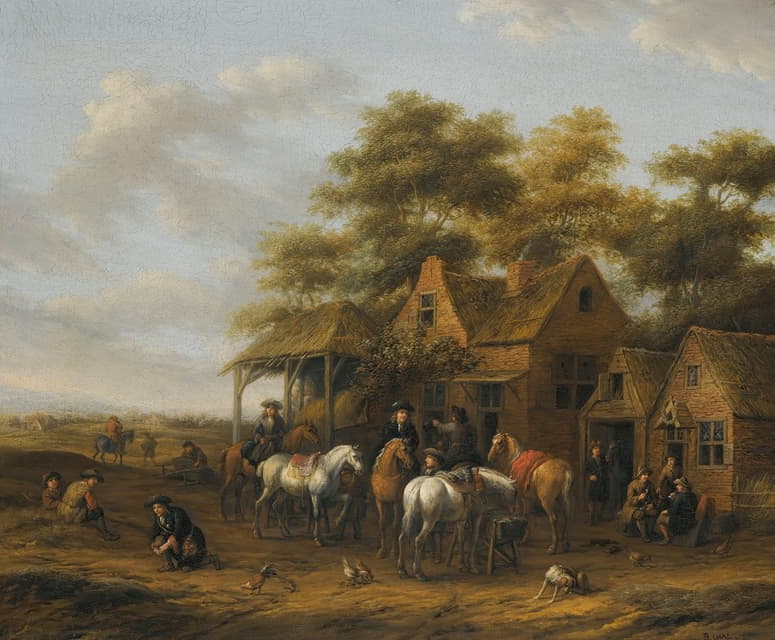 Barent Gael - Village Scene With Numerous Figures, Horses And Chickens
