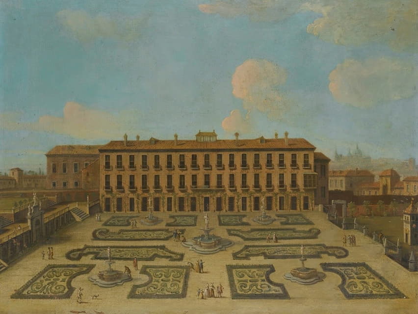 一座宫殿的视图，可能是塞戈维亚的帕拉西奥·里奥弗里奥（Palacio Riofrio），人物在正式花园中漫步