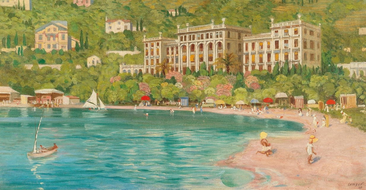 Glauco Cambon - Portoroz, Ein Sommertag in der Bucht mit Ansicht des Grand Hotel (heute Hotel Kempinski)